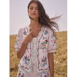 Love & Roses Love & Roses Embroidered Floral Tie Front Short Sleeve Scallop Blouse pâle FR 42 (EU 40)