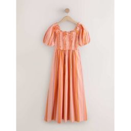 Next Robe mi-longue froncée à manches bouffantes orange FR 42 Petite (EU 40 P)