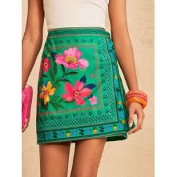 Love & Roses Love & Roses Floral Printed Linen Wrap Mini Skirt vert FR 48 (EU 46)