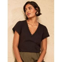 Love & Roses Love & Roses Lace Trim Flutter Sleeve V-Neck Top Noir FR 40 (EU 38)