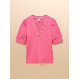 Joules Joules Tabitha Ribbed V Neck Top With Puff Sleeves Rose FR 52 (EU 50)