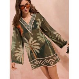 Friends Like These Friends Like These Kaftan de plage Col V Imprimé palmiers vert L (FR 46-48)