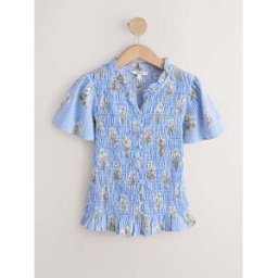 Next Haut à manches papillon et boutons sur le devant, smocké bleu FR 56 (EU 54)