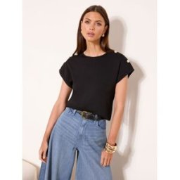 Lipsy T-shirt Lipsy à col rond et détails de boutons militaires Noir FR 38 (EU 36)