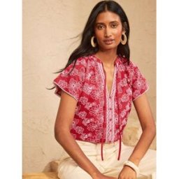Love & Roses Love & Roses Floral Embroidered Notch Neck Blouse rouge FR 52 (EU 50)