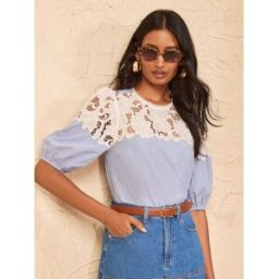 Love & Roses Love & Roses Yoke Cutwork Detail Blouse bleu FR 48 (EU 46)