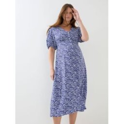Jojo Maman Bébé JoJo Maman Bébé Puff Sleeve Button Through Tie Waist Tea Maternity Dress bleu L (FR 46-48)