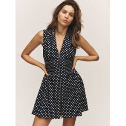 Anthropologie Anthropologie The Tommie V-Neck Cap-Sleeve Smocked Front-Zip Shirt Linen Mini Edition Dress bleu XS (FR 34-36)