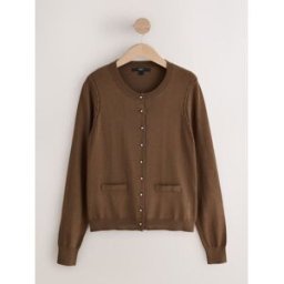 Next Cardigan à col rond en coton doux au toucher, riche en coton Brun L Petite (FR 46-48)