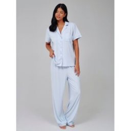 Loungeable Loungeable Très doux Jersey Rib Traditional Manches courtes Long Pyjamas Set bleu M (FR 42-44)