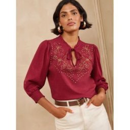 Love & Roses Love & Roses Studded Embroidered Yoke 3/4 Sleeve Top Brun FR 40 (EU 38)