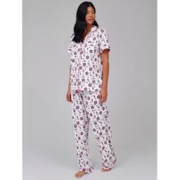 Loungeable Loungeable Make Up Short Sleeve Shirt And Trousers Button Through Pyjama Set Rose S (FR 38-40)