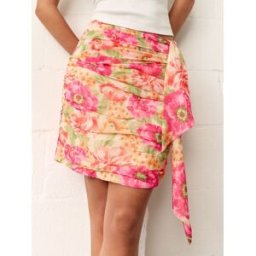 BHOEM Mini-jupe froncée à imprimé floral Rose FR 40 (EU 38)