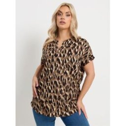Yours Curve Yours Curve Textured Leopard Print Notch Neck Top Brun FR 46 (EU 44)