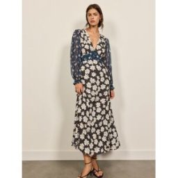 BHOEM Robe mi-longue en mousseline à manches longues fleuri imprimé Noir FR 42 (EU 40)