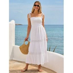 Sosandar Sosandar Shirred Bodice Lace Insert Tie Shoulder Dress pâle FR 48 (EU 46)