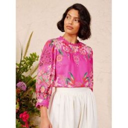 Love & Roses Love & Roses Floral Printed Lace Insert Crew Neck Blouse Rose FR 38 (EU 36)