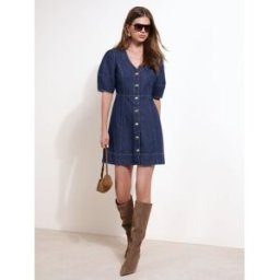 Friends Like These Friends Like These mini-Robe en Denim boutonné à Manches courtes et Col en V bleu FR 48 (EU 46)