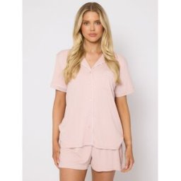 Loungeable Loungeable Très doux Jersey Rib Traditional Manches courtes Set Rose L (FR 46-48)