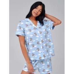 Loungeable Loungeable Meowdy Western Cat Short Sleeve Shirt And Shorts Button Through Pyjama Set bleu S (FR 38-40)