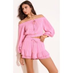 Lipsy Lipsy, paréo de plage Effet froissé à bordure métallisé scintillante, haut Bardot Rose S (FR 38-40)