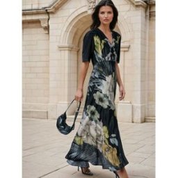Religion Religion Short Sleeved Diana Maxi Tea Dress With Large Rose Placement Print In Cupro Noir FR 46 (EU 44)