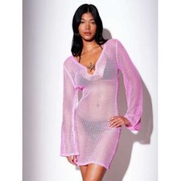South Beach South Beach Knitted Crochet Flare Sleeve Decal Mini Kaftan Rose XS (FR 34-36)
