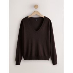 Next Pull doux au toucher à col en V en coton majoritaire Brun L Regular (FR 46-48)