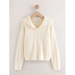 Next Pull en maille côtelée avec col marin en crochet crème XS Reg (FR 36)