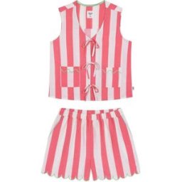 Chelsea Peers Chelsea Peers Linen Blend Scallop Edge Tie-Front Stripe Cami Short Pyjamas Set Rose FR 42 (EU 40)