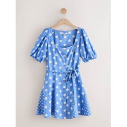 Next Robe mini à Manche bouffante et boutonné bleu FR 36 (EU 34)