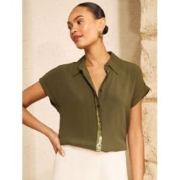 Love & Roses Love & Roses Roll Sleeve Button Through Sequin Trim Shirt vert FR 44 (EU 42)