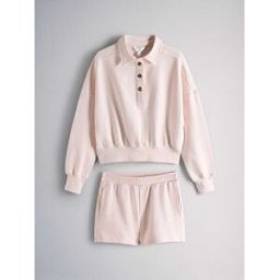 The Set The Set Ensemble 2 Piece 100% coton à dos bouclé Style rugby Sweat et plis sur la taille Short Co Ord Rose S (FR 38-40)