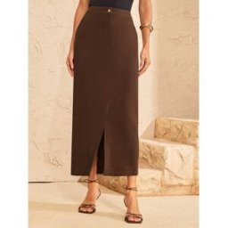 Love & Roses Love & Roses Linen Look Midi Skirt With Gold Starfish Button Brun FR 44 (EU 42)