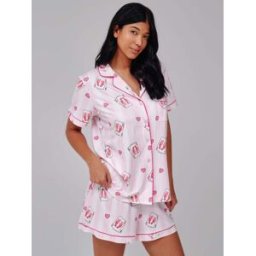 Loungeable Loungeable Leopard Stripe Short Sleeve Shirt And Shorts Button Through Pyjama Set Rose XS (FR 36)