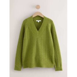 Next Pull mi-long super doux à Col V en maille torsadée vert S Regular (FR 38-40)