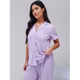 Loungeable Loungeable Très doux Jersey Rib Traditional Manches courtes Long Pyjamas Set violet L (FR 46-48)