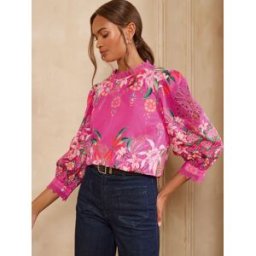 Love & Roses Love & Roses Floral Printed Lace Insert Crew Neck Blouse Rose FR 50 (EU 48)