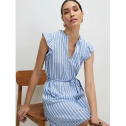 River Island River Island Frill Sleeve Belted Mini Contains Linen Dress bleu XL (FR 50-52)