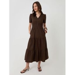 Threadbare Threadbare 100% Cotton Poplin Tiered Midaxi Dress Brun FR 46 (EU 44)
