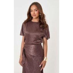 Threadbare Threadbare Crinkle Satin Batwing Top Brun FR 40 (EU 38)