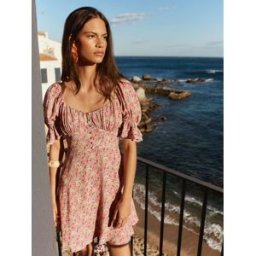 BHOEM Robe patineuse courte à manches bouffantes et Fleuri Imprimé Rose FR 38 (EU 36)