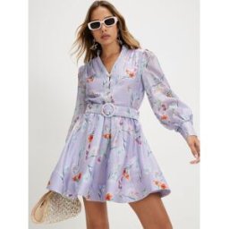 River Island River Island Long Sleeve Floral Print Belted Shirt Mini Dress violet FR 40 (EU 38)