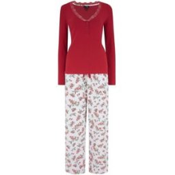 Pour Moi Pour Moi Rib Jersey Lace Trim Henley Top and Brushed Pyjamas Set rouge FR 50 (EU 48)