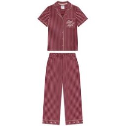 Chelsea Peers Chelsea Peers Cotton Embroidered Good Night Stripe Long Pyjamas Set Rose FR 38 (EU 36)