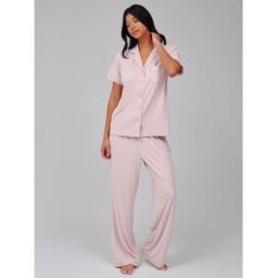 Loungeable Loungeable Très doux Jersey Rib Traditional Manches courtes Long Pyjamas Set Rose XL (FR 50-52)