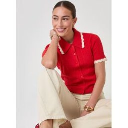 Threadbare Threadbare Cable Scallop Trim Polo Knitted Top rouge FR 38 (EU 36)