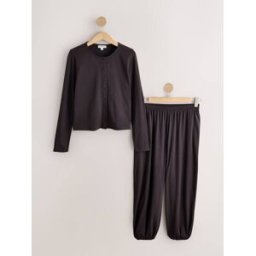 Next Pyjama à manches longues et jambes bouffantes en jersey, boutonné sur le devant Brun XXL Regular (FR 54-56)