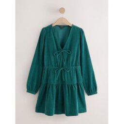 Next Mini robe à manches longues en velours côtelé à cravate et col V bleu FR 40 Tall (EU 38 T)