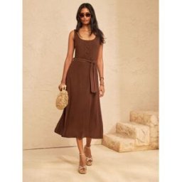 Love & Roses Love & Roses Linen Look Scallop Detail Strappy Midi Dress Brun FR 46 (EU 44)